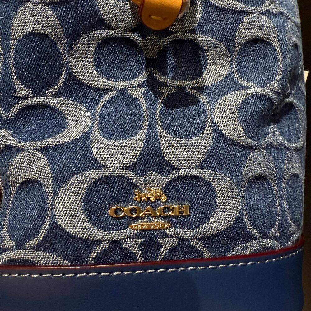 Coach Blue Denim Signature Drawstring Crossbody Bag with Tan Trim - Picture 10 of 12